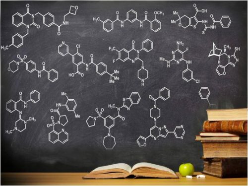 image of blackboard covered with chemical diagrams