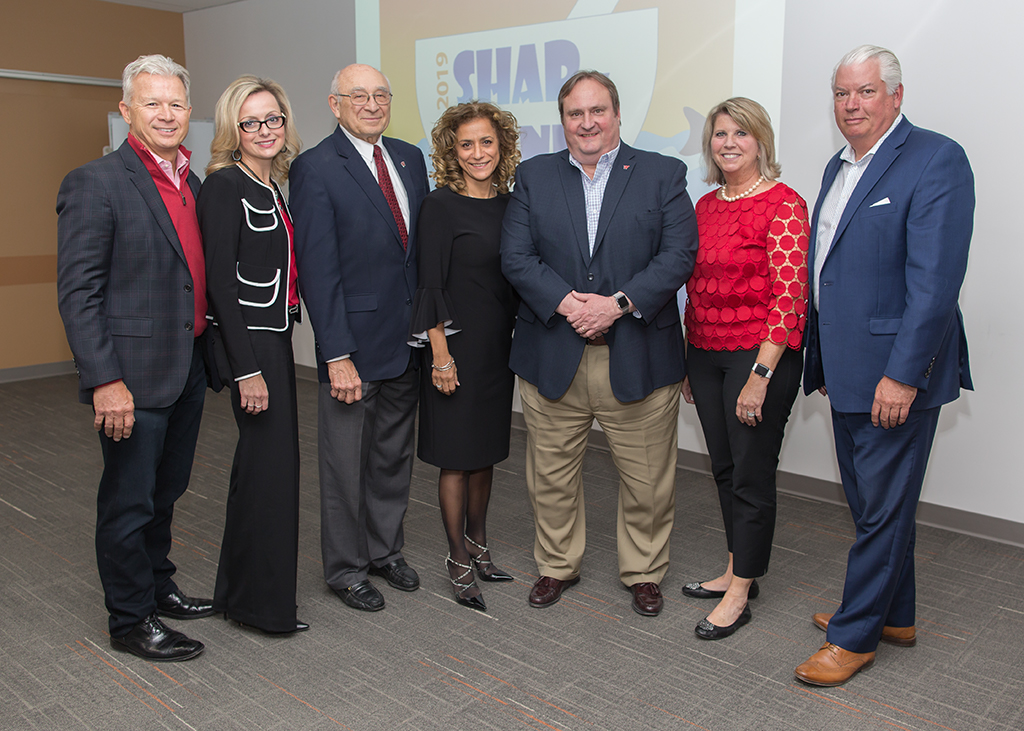 2nd Annual SHARx Tank Competition with organizers George Zorich and Professor Beth Martin and alumni judges Dave Zilz, Azita Saleki-Gerhardt, Debra Fluno, and Dan Luce with Dean Steven Swanson