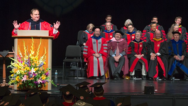 Dean Steve Swanson at the 2018 Hooding Ceremony.