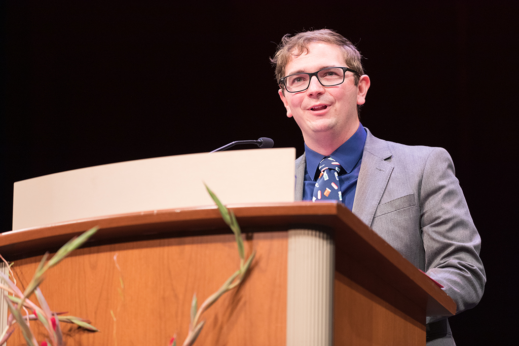 Pharmacy alum Mike Nagy gives a speech at the 2022 School of Pharmacy Hooding Ceremony