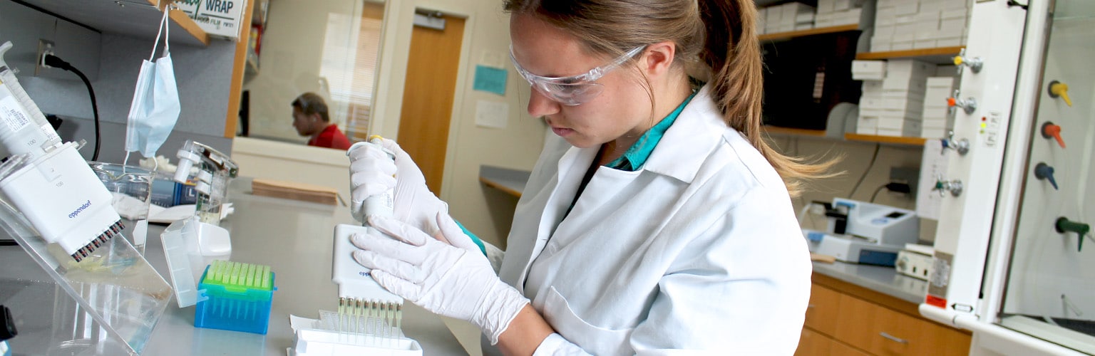 A scientist pipettes a sample into a a multi-well container