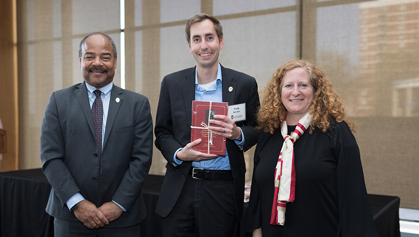 Cody Wenthur and Chancellor Mnookin with his Vilas award